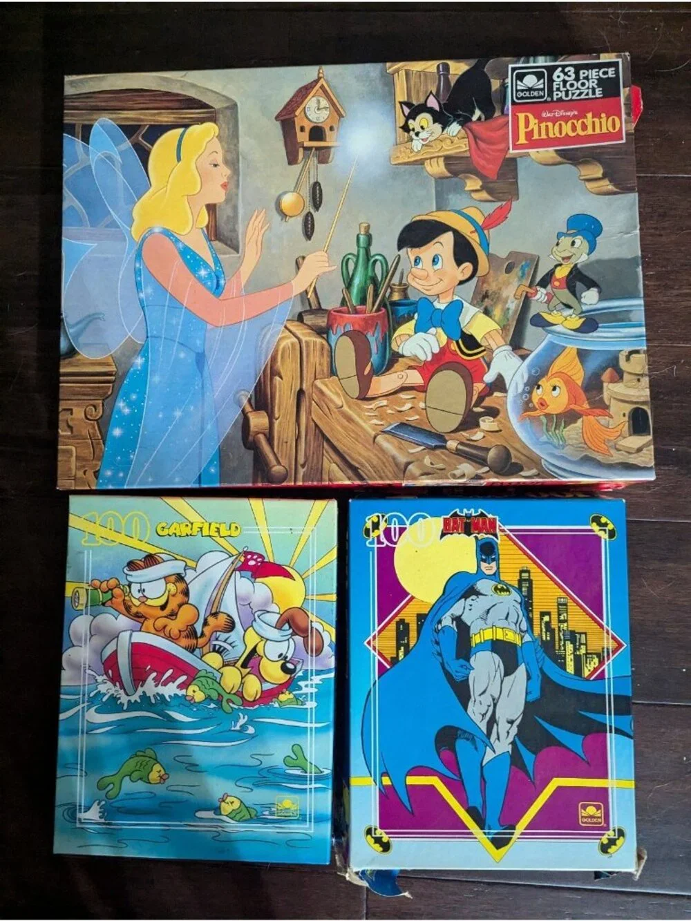 Lot of 3 Vintage Boys Jigsaw Puzzles Complete MB Garfield Batman Pinocchio